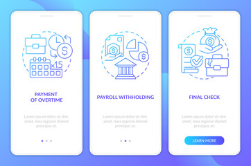 Employee grievances on wage issues blue gradient onboarding mobile app screen. Walkthrough 3 steps graphic instructions with linear concepts. UI, UX, GUI template. Myriad Pro-Bold, Regular fonts used