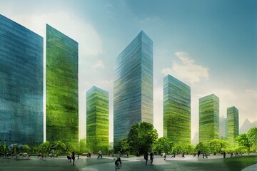 Modern buildings and green area, China