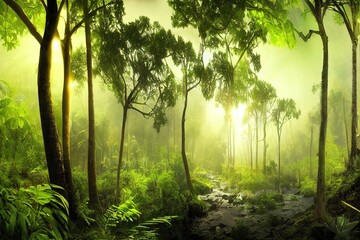 Obraz premium panorama banner background of tropical forest landscape scene for using in concept of environmental ecology and sustainable energy or Earth day, wild wood scenic using for wallpaper of spa and tourism