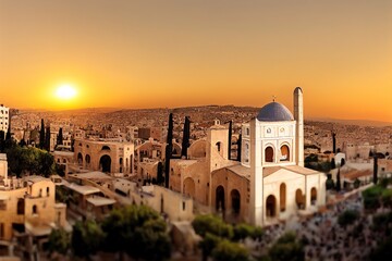 Panorama of Nazareth with Basilica of Annunciation Israel at sunset