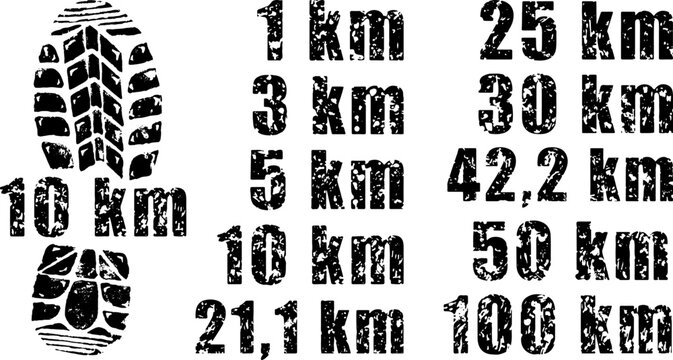 Vector image ink grunge sport footprints, runner, running, kilometres phrase