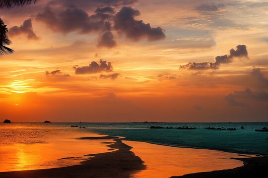 Panoramic image of a phantastic sunset at the beach, Koh Lanta Island, Thailand