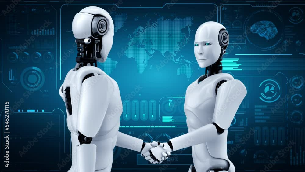 Poster 3d rendering hominoid robot handshake to collaborate future technology development by ai thinking br