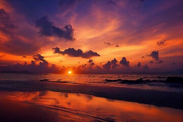 Obraz premium Phuket beach sunset, colorful cloudy twilight sky reflecting on the sand gazing at the Indian Ocean, Thailand, Asia.