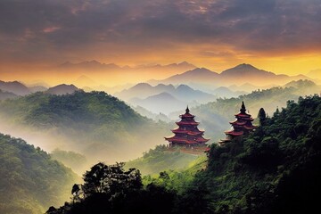 Picturesque valley with colorful buildings of Buddhist temples located near mountains covered with dense green woodland in China