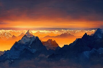 Fototapeta na wymiar sunset on Mountain Peaks panchachuli In Indian Himalaya