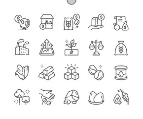 Commodities trading. Industrial factory. Wheat, corn, gold, sugar, coffee bean and other. Pixel Perfect Vector Thin Line Icons. Simple Minimal Pictogram