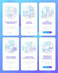 News overload blue gradient onboarding mobile app screen set. Walkthrough 3 steps graphic instructions with linear concepts. UI, UX, GUI template. Myriad Pro-Bold, Regular fonts used