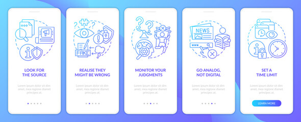 Reduce anxiety about news blue gradient onboarding mobile app screen. Walkthrough 5 steps graphic instructions with linear concepts. UI, UX, GUI template. Myriad Pro-Bold, Regular fonts used