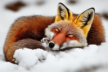Obraz premium Japanese red fox sleeping in the snow