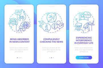 Information anxiety blue gradient onboarding mobile app screen. Walkthrough 3 steps graphic instructions with linear concepts. UI, UX, GUI template. Myriad Pro-Bold, Regular fonts used