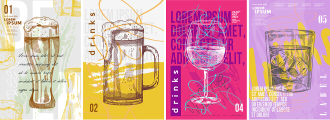 Party poster design. Drinks, Cocktails, Beer. Set of vector illustrations. Typography. Vintage pencil sketch. Engraving style. Labels, cover, t-shirt print, painting.