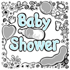 Baby shower blue horizontal doodle banner with cartoon baby footprints, handprints, bunny, helium balloons and stars on white background. Flat vector illustration