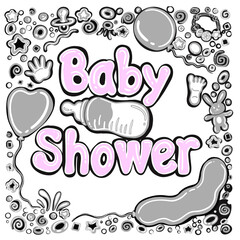 Baby shower cute doodle illustration with cartoon  baby footprints, handprints, bunny, helium balloons and stars on white background. Flat vector illustration