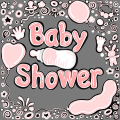 Baby shower cute doodle illustration with cartoon pink baby footprints, handprints, bunny, helium balloons and stars on grey background. Flat vector illustration