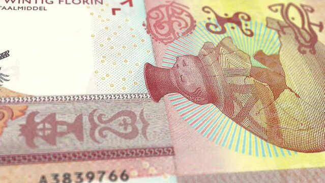 Aruba Aruban Florin 25 Banknotes, Twenty Five Aruban Florin, Close-up and macro view of the Aruban Florin, Tracking and Dolly Shots 25 Aruban Florin banknote Observe and Reserve Side, Aruban Florin Mo