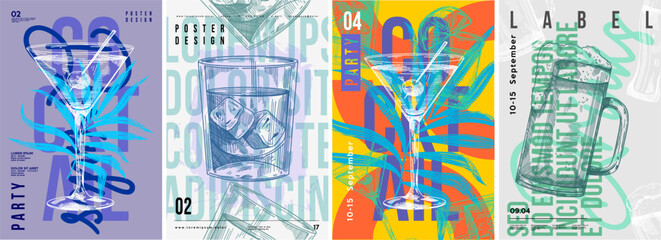 Party poster design. Drinks, Cocktails, Beer. Set of vector illustrations. Typography. Vintage pencil sketch. Engraving style. Labels, cover, t-shirt print, painting.