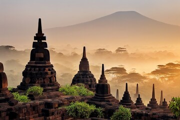 Candi Borobudur in the background of rainforest, morning mist and Sumbing Mountain. Candi Borobudur, Yogyakarta, Jawa, Indonesia.