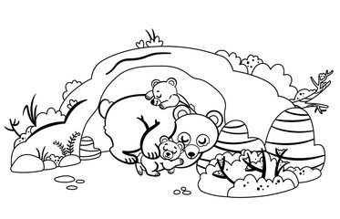 Black and white vector illustration of bear family hibernating in their cave. 