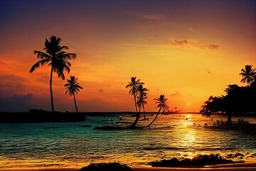Naklejka na ściany i meble Beautiful bright sunset on a tropical paradise beach