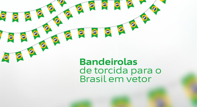 Bandeirolas ou bandeiras do Brasil no varal. Decora&ccedil;&atilde;o em vetor para torcida da Sele&ccedil;&atilde;o Brasileira de copa do mundo 2022 de futebol