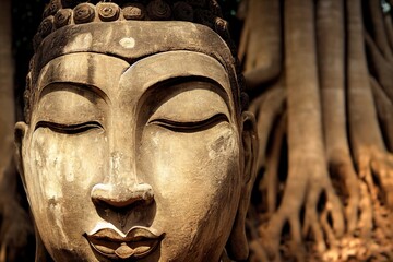 Fototapeta na wymiar Amazing sand stone buddha head in tree root in Mahathat temple, Ayutthaya, Thailand, UNESCO,Thailand temple