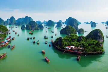 Aerial view Vung Vieng floating fishing village and rock island, Halong Bay, Vietnam, Southeast Asia. UNESCO World Heritage Site. Junk boat cruise to Ha Long Bay. Famous destination of Vietnam - obrazy, fototapety, plakaty