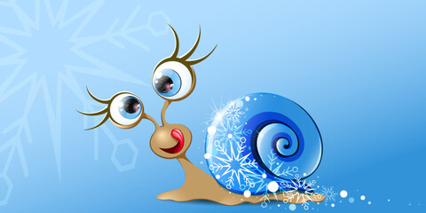 Funny cartoon licking snail girl with snowflake pattern and blue shell. 