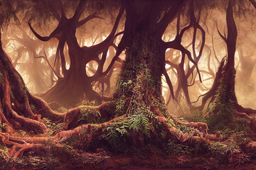 Enchanted forest trees with squiggly, gnarly, twisted roots and branches