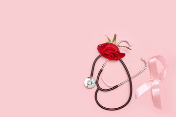 a red rose and a stel on a pink background, with the word breast cancer written in white letters