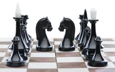 Wooden chess figures on a classic chessboard