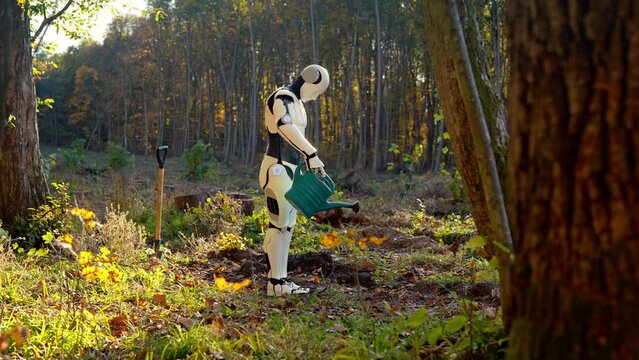 Robot humanoid watering planted seedling of tree in foret on sunny autumn day. Outdoor. Android planting trees for saving planet. Environment and ecology with high-tech concept. Futuristic.
