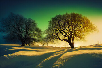 Fototapeta premium A barren tree stands alone in a winter landscape, giving hope for the rebirth of life in the spring. 3D illustration.