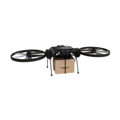 Drone delivery packaging, cardboard drone fly parcel delivery. Multi copter usage technology drone. 4K Fastest Business Delivery Drone.