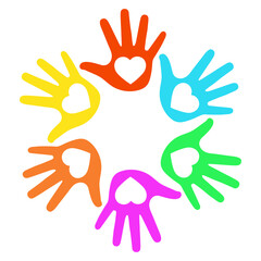 Illustration of the palm of children's hands in a circle with a heart