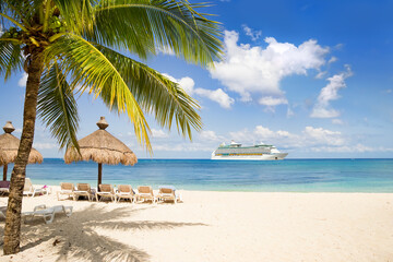 View from tropical beach on cruise ship sailing from port  - obrazy, fototapety, plakaty