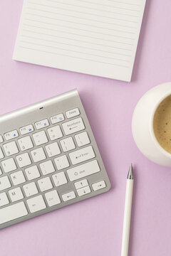 cup of coffee, keyboard and notebook flatlay, layflat