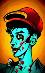 Illustration of zombie or demon face in vintage retro style. Old fashioned zombie portrait