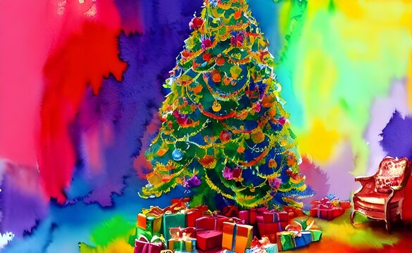 This is a beautiful watercolor painting of a Christmas tree. The leaves are lush and green, and the branches are adorned with brightly-colored lights and decorations. The tree stands tall and proud ag
