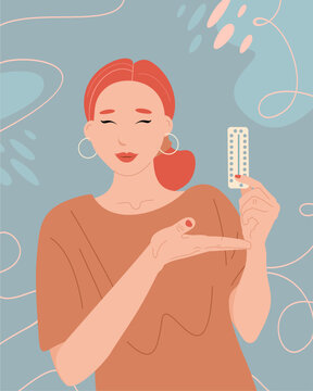 Woman holding oral contraceptive pills in blister pack. Contraception method concept. Pregnancy prevention and baby birth control. Trendy hand-drawn vector flat cartoon illustration.