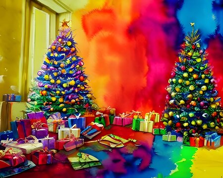 I see a beautiful Christmas tree watercolor painting. The tree is adorned with ornaments and lights, and it stands tall and proud. Presents are piled high underneath, waiting to be opened on Christmas