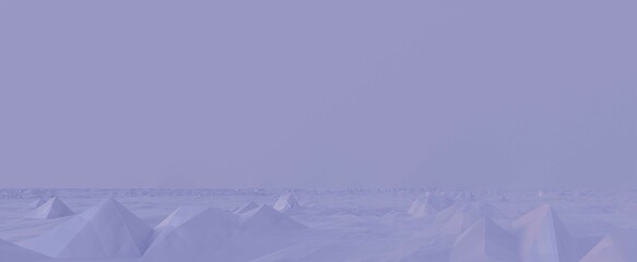 Purple polygonal desert with mountains background. Futuristic blue landscape with hills 3d render in minimalistic creative style. Snowy plain covered with ice crystals