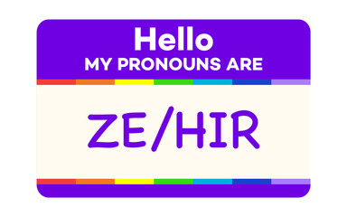 Pronouns badge ze hir modern cartoon style. Vector 10 eps