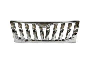 Shiny metallic car radiator grill with vertical holes front view isolated on transparent background.