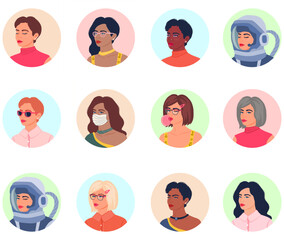 Big set of female round avatars in funky colourful style. Different young women portrait collection. Diverse people. 