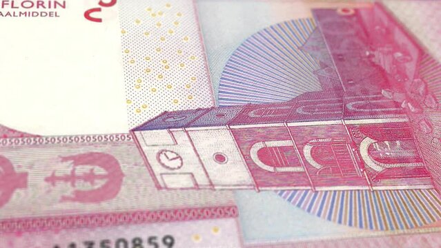 Aruba Aruban Florin 50 Banknotes, Fifty Aruban Florin, Close-up and macro view of the Aruban Florin, Tracking and Dolly Shots 50 Aruban Florin banknote Observe and Reserve Side, Aruban Florin Money