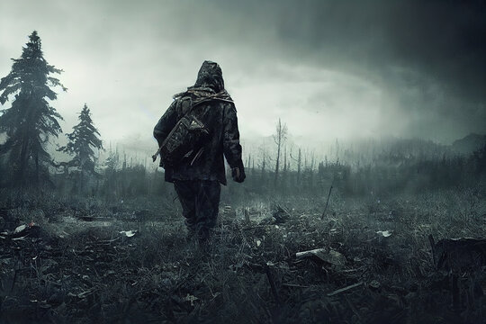 sc&egrave;ne post apocalyptique avec un personnage de dos