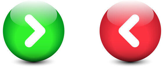 Colorful spheres with math symbols: less than and more than. Arrow buttons. Flat vector illustration.