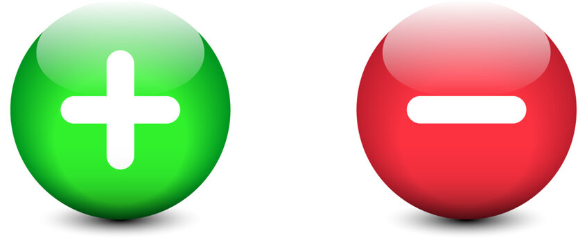 Plus minus in 3d style colorful buttons with shadows underneath. Positive and negative buttons. Flat vector illustration.