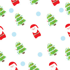 Christmas pattern. Vector cartoon simple pattern illustrations of Santa Claus and Christmas tree with snow and garland.